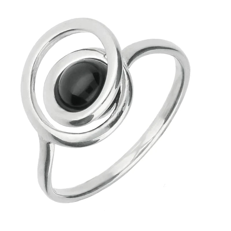 Sterling Silver Whitby Jet Round Swirl Ring - Silver
