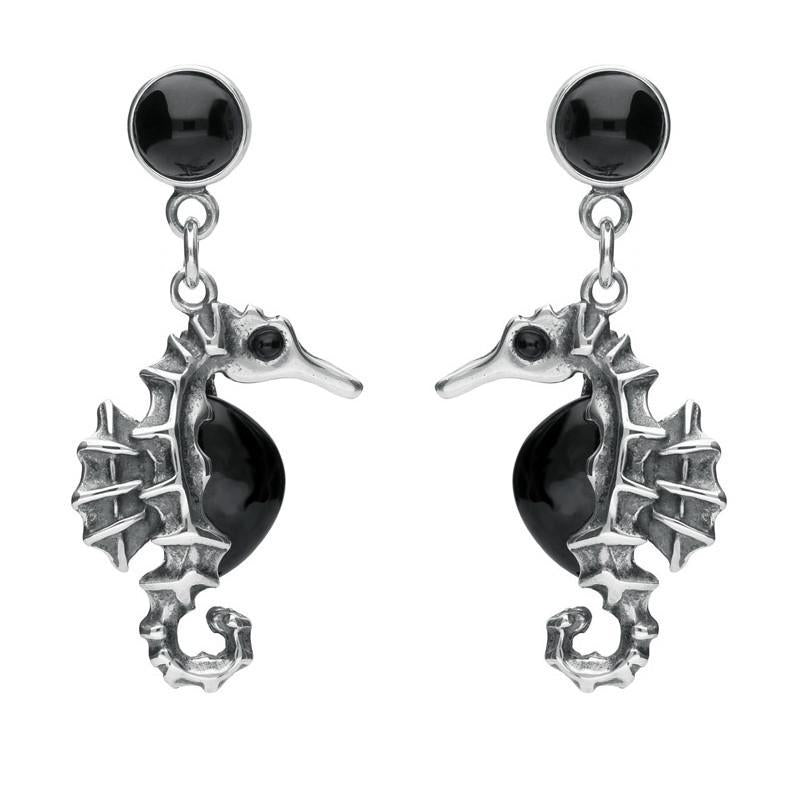Sterling Silver Whitby Jet Seahorse Drop Earrings - Silver