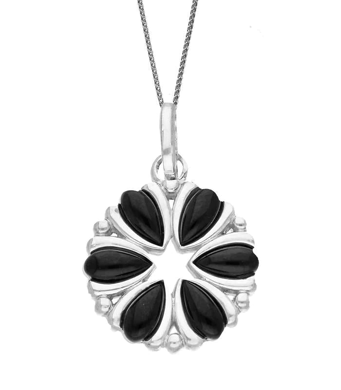 Sterling Silver Whitby Jet Six Stone Flower Necklace - Silver