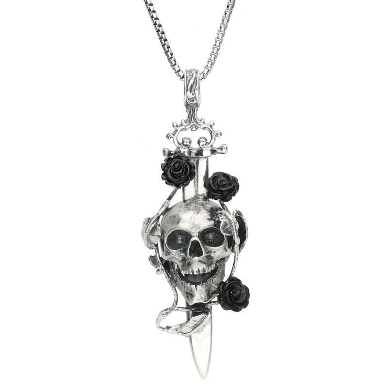 Sterling Silver Whitby Jet Skull Dagger Rose Necklace - Silver