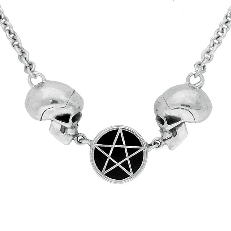 Sterling Silver Whitby Jet Skulls Pentagram In Circle Necklace