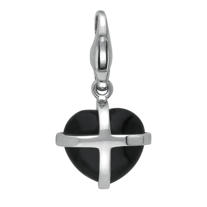 Sterling Silver Whitby Jet Small Cross Heart Charm - Silver