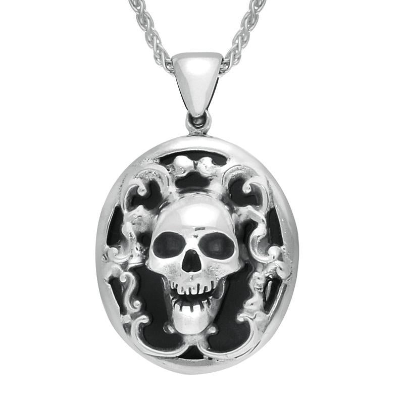 Sterling Silver Whitby Jet Small Oval Skull Necklace - Silver