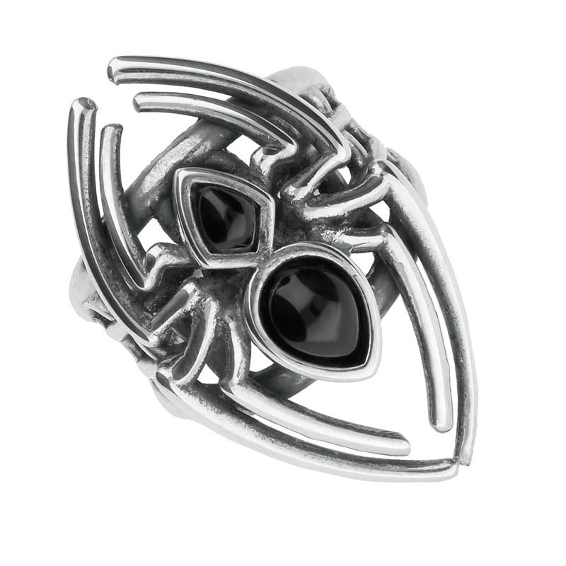Sterling Silver Whitby Jet Small Spider Web Ring - Silver