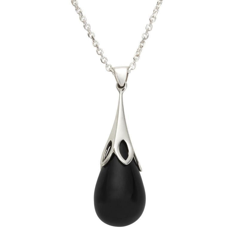 Sterling Silver Whitby Jet Small Tulip Necklace - Silver