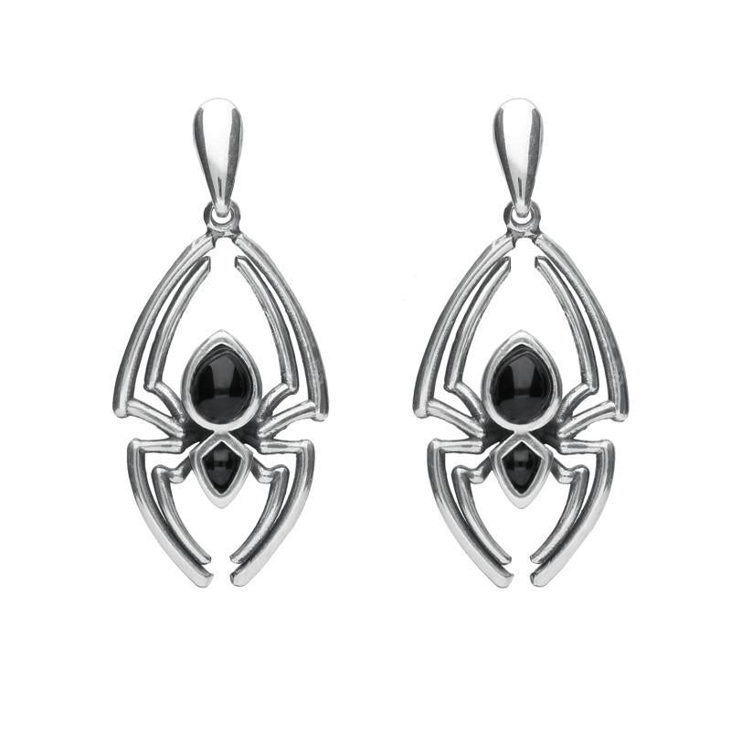 Sterling Silver Whitby Jet Spider Drop Earrings - Silver