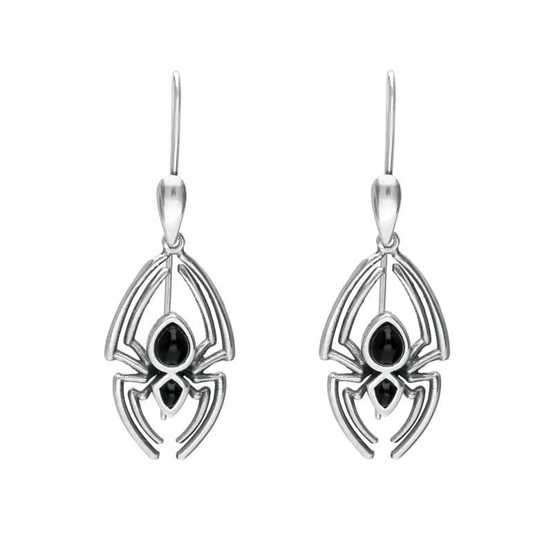 Sterling Silver Whitby Jet Spider Hook Drop Earrings - Silver