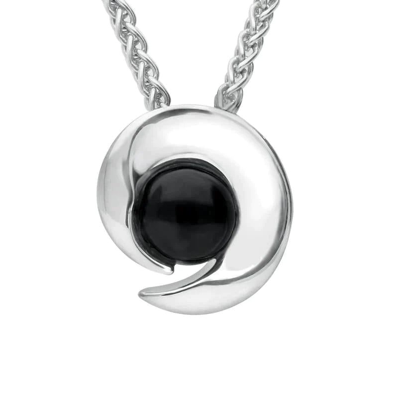 Sterling Silver Whitby Jet Spiral Flower Necklace - Silver