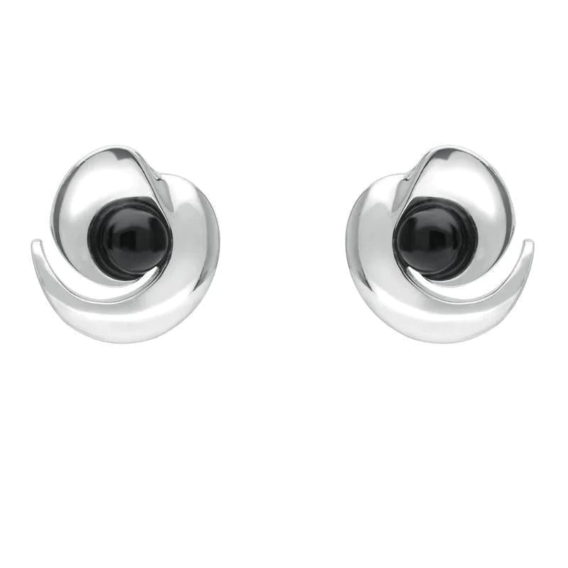Sterling Silver Whitby Jet Spiral Stud Earrings - Silver