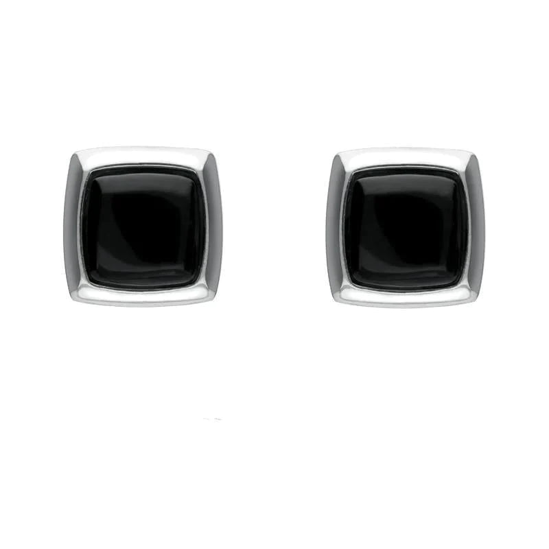 Sterling Silver Whitby Jet Square Edge Stud Earrings - Silver