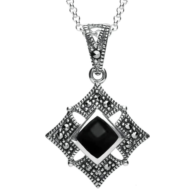 Sterling Silver Whitby Jet Square Marcasite Necklace - Silver