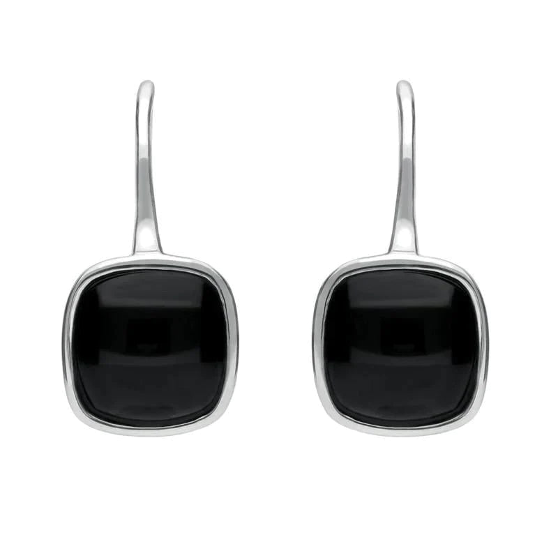 Sterling Silver Whitby Jet Stone Cushion Drop Earrings - Silver