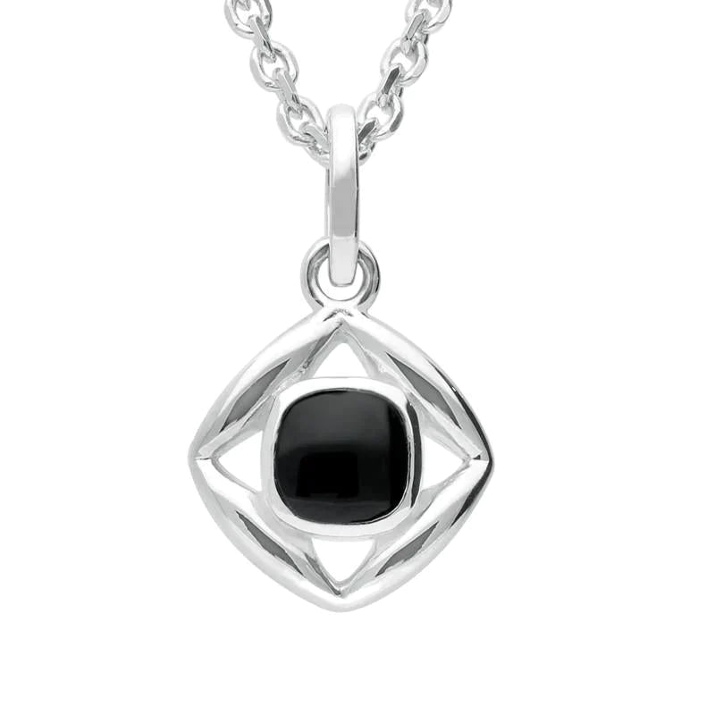 Sterling Silver Whitby Jet Stone Open Square Necklace - Silver