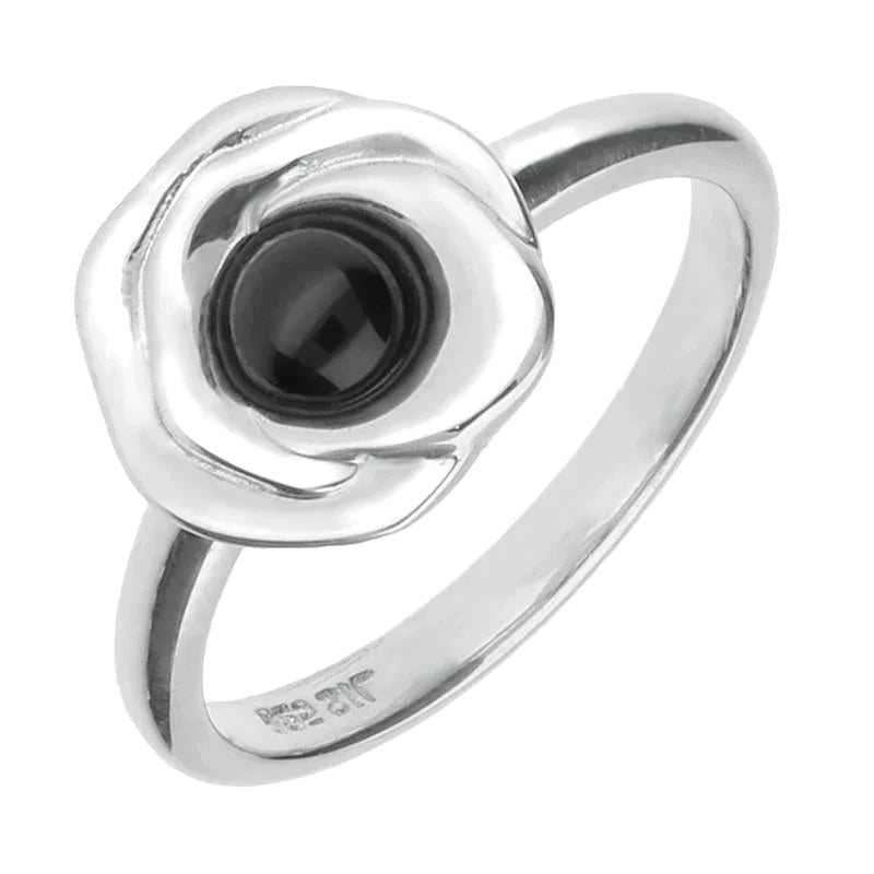 Sterling Silver Whitby Jet Stone Rose Ring - Silver