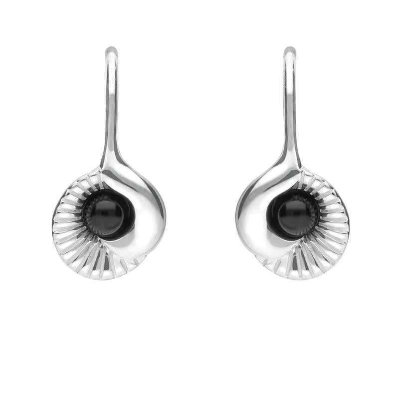 Sterling Silver Whitby Jet Stone Seashell Drop Earrings - Silver