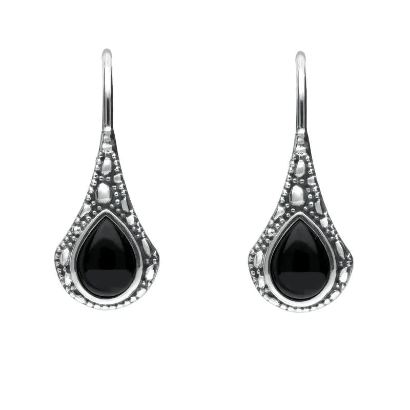 Sterling Silver Whitby Jet Stone Teardrop Oxidised Drop Earrings - Silver