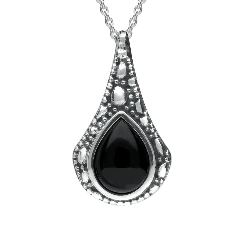 Sterling Silver Whitby Jet Stone Teardrop Oxidised Necklace - Silver