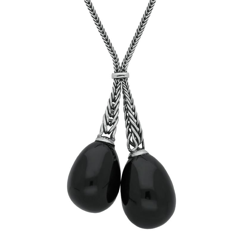 Sterling Silver Whitby Jet Tapered Double Dropper Necklace D - Silver