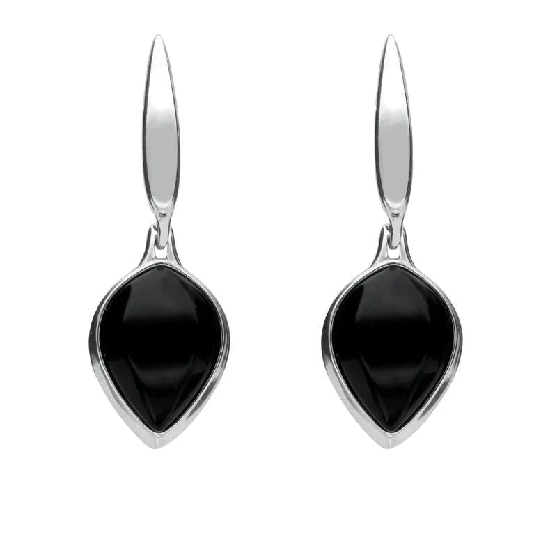 Sterling Silver Whitby Jet Tear Drop Earrings - Silver
