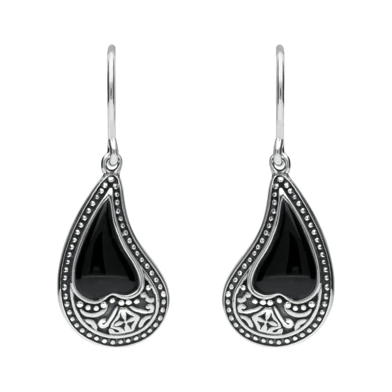 Sterling Silver Whitby Jet Tear Shape Oxidised Drop Earrings - Silver