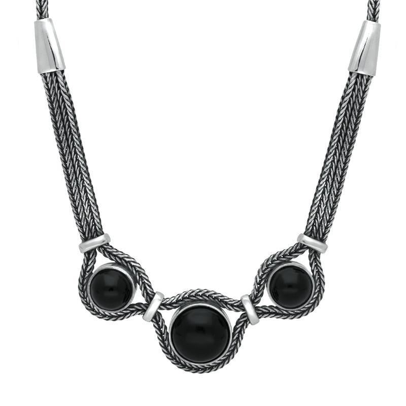 Sterling Silver Whitby Jet Three Stone Foxtail Necklace - Silver