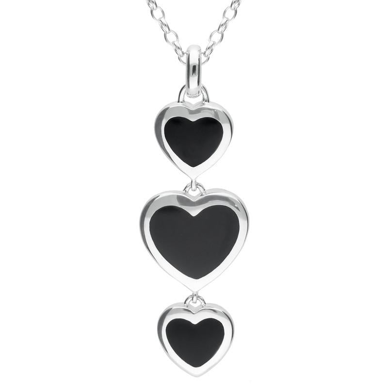 Sterling Silver Whitby Jet Triple Heart Drop Necklace - Option1 Value Silver