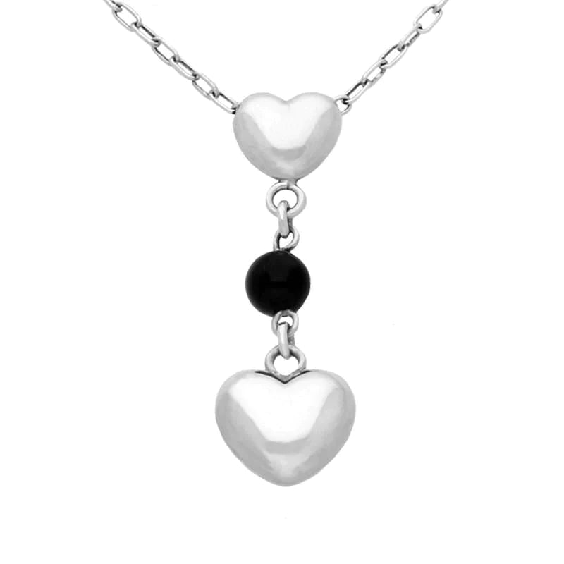Sterling Silver Whitby Jet Two Heart Bead Drop Necklace D - Silver