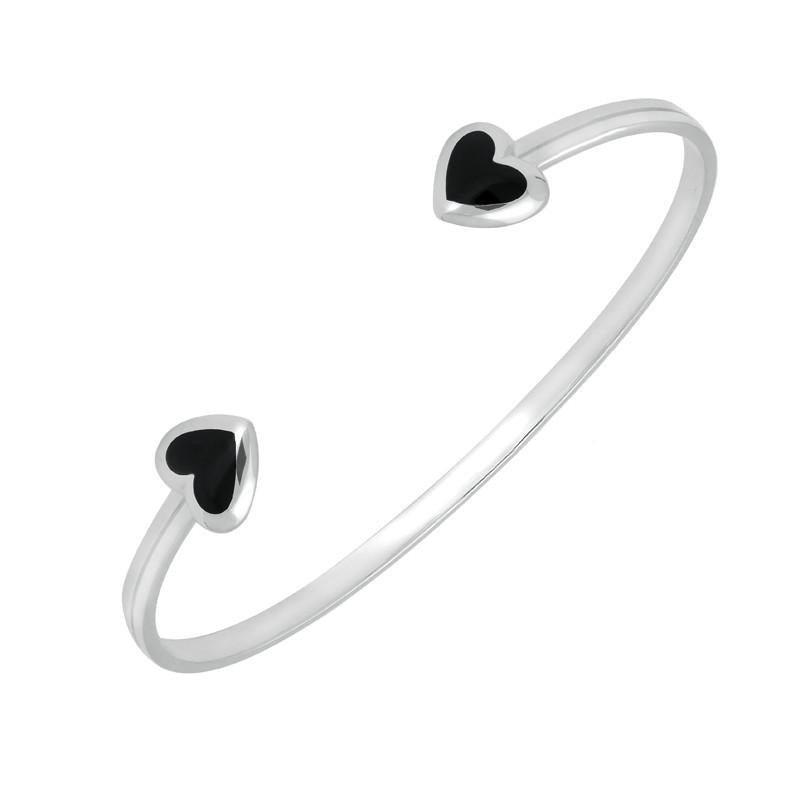 Sterling Silver Whitby Jet Two Stone Heart Bangle - Option1 Value Silver