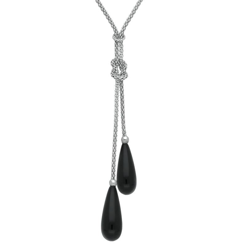 Sterling Silver Whitby Jet Two Stone Knot Drop Necklace - Silver