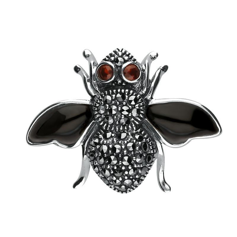 Sterling Silver Whitby Jet Wings Marcasite Garnet Bee Brooch - Silver