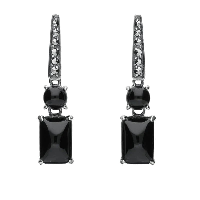 Sterling Silver Whitby Jet and Marcasite Oblong Bar Drop Earrings - Silver