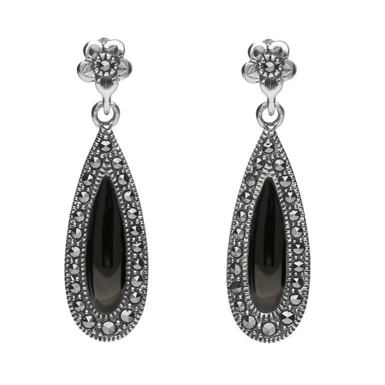 Sterling Silver Whitby Jet Marcasite Pear Drop Stud Earrings - Silver