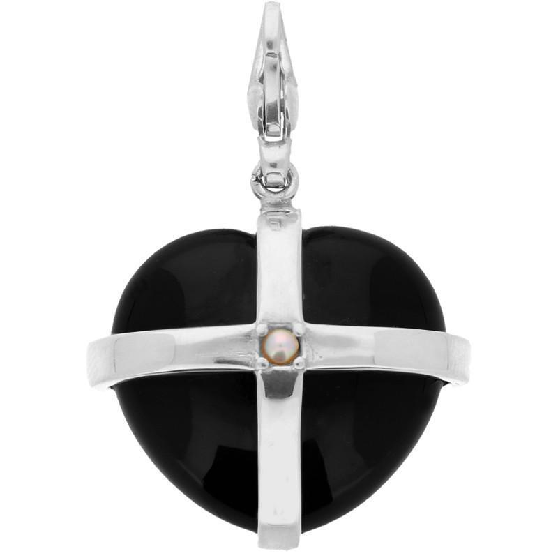 Sterling Silver Whitby Jet and Single Pearl Large Cross Heart Charm - Gold