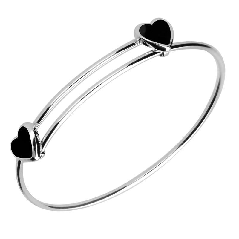 Sterling Silver Whitby Jet Two Stone Heart Slide Bangle - Option1 Value Silver