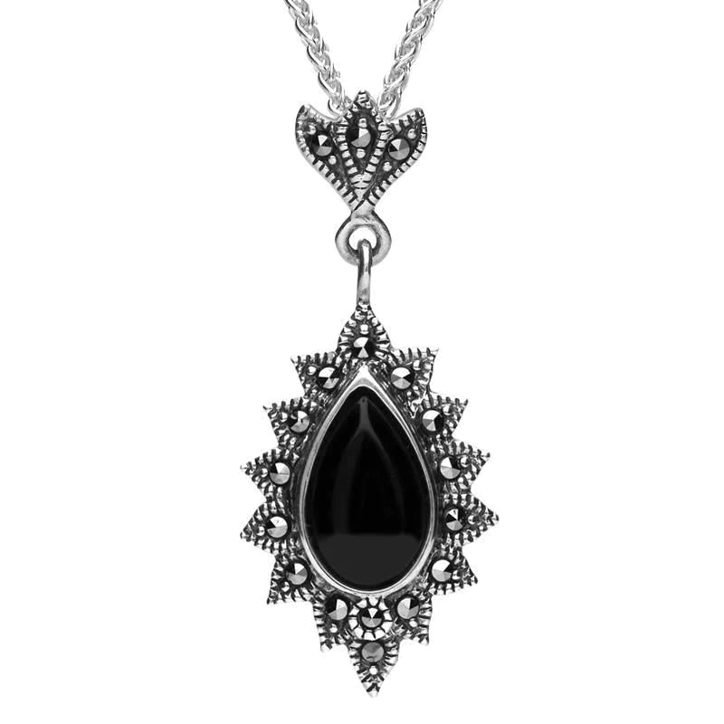 Sterling Silver Whitby Jet Marcasite Beaded Edge Pear Necklace - Silver