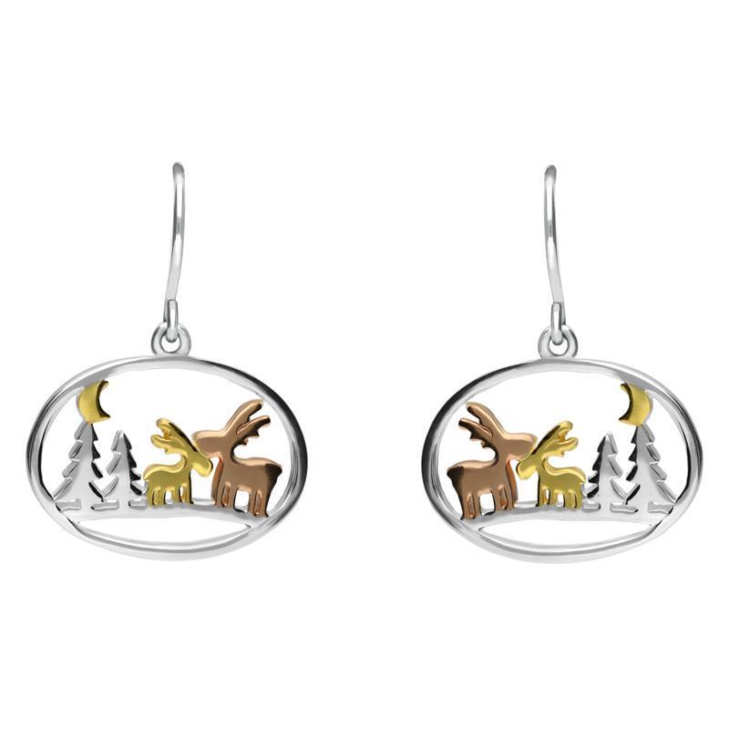 Yellow Rose Gold Sterling Silver Plated Reindeer and Trees Hook Earrings - Option1 Value Silver