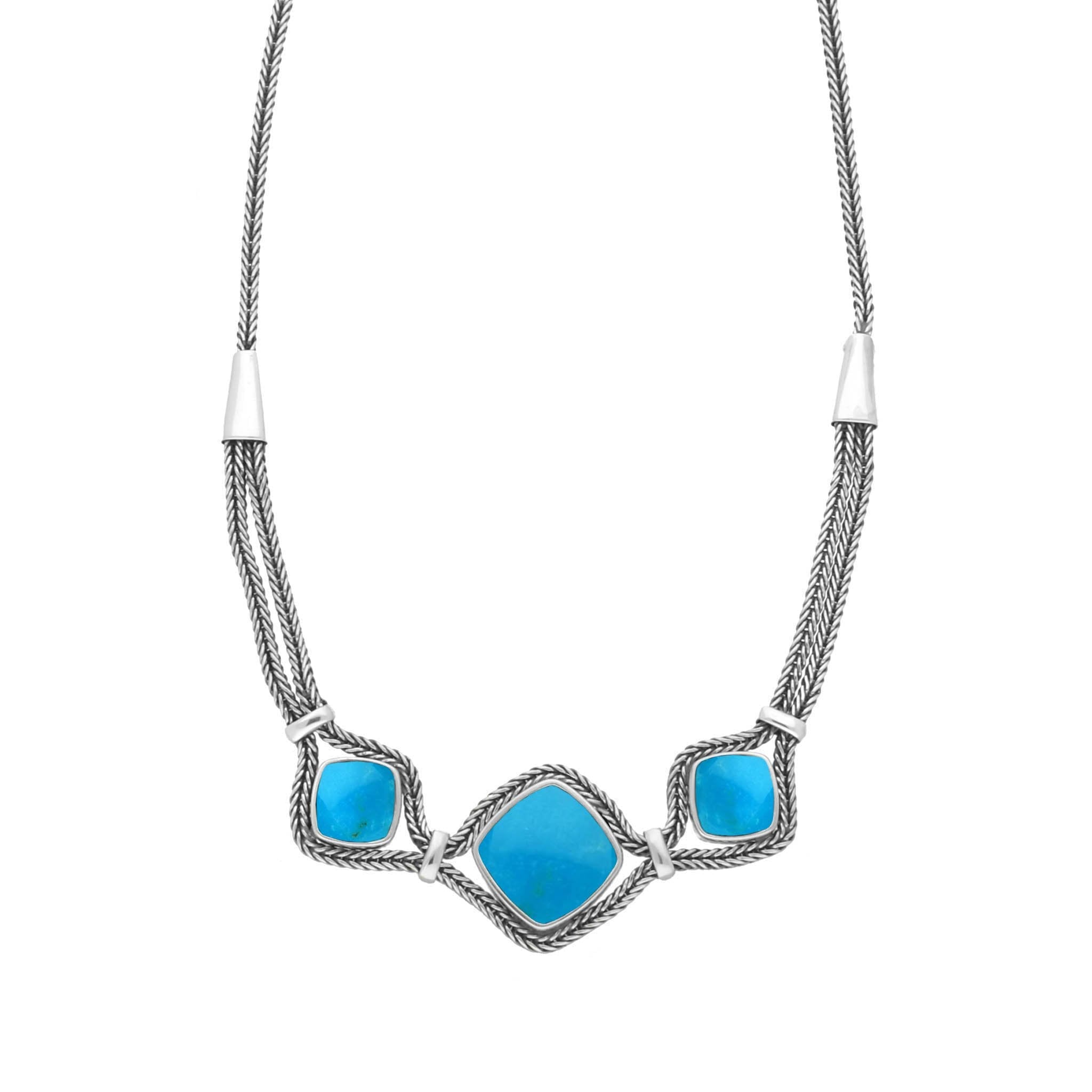Sterling Silver Turquoise Foxtail Three Stone Cushion Necklace