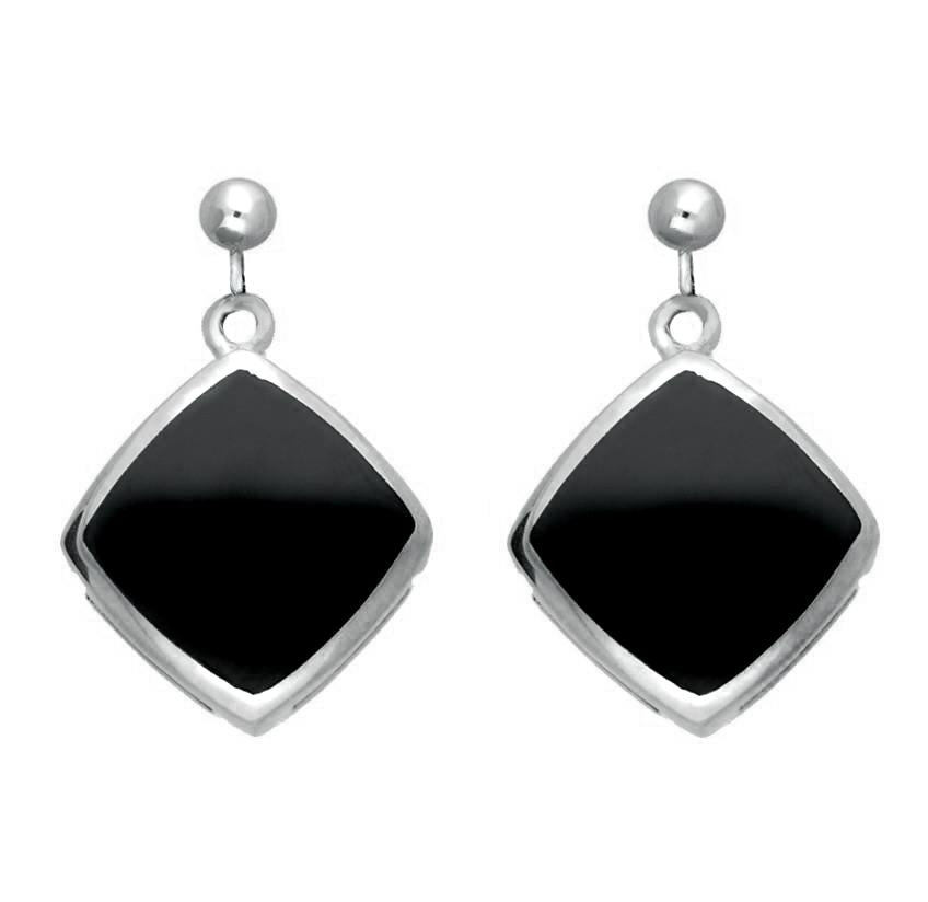 Sterling Silver Whitby Jet Cushion Square Drop Earrings - Silver
