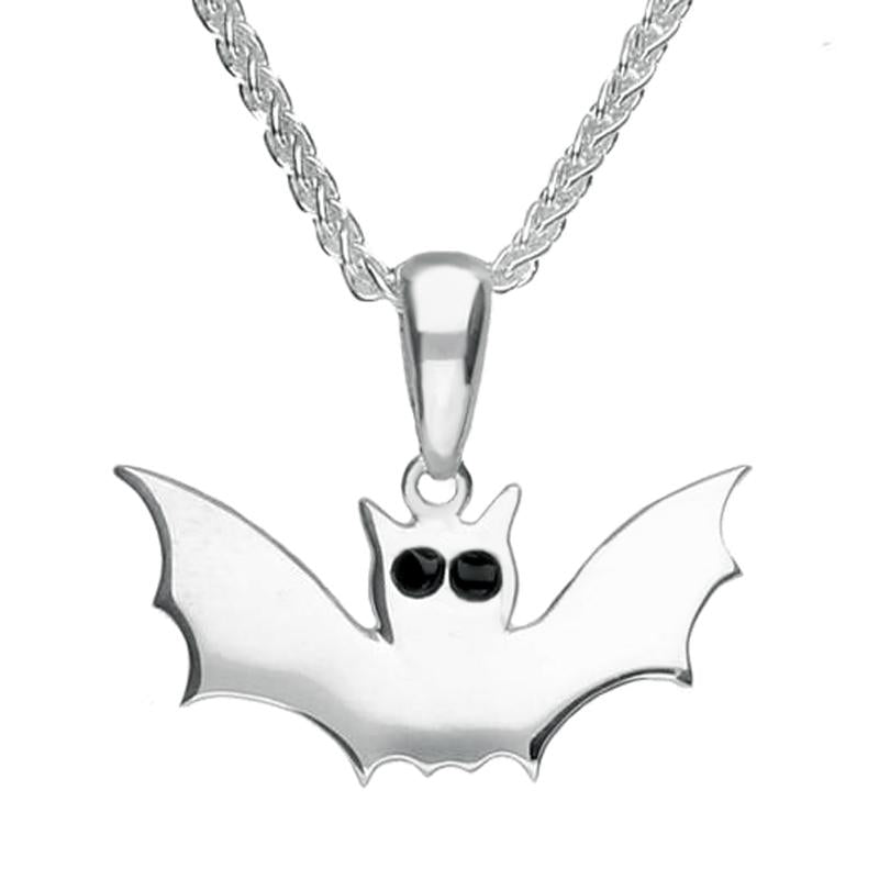 Sterling Silver Whitby Jet Small Bat Necklace - Silver