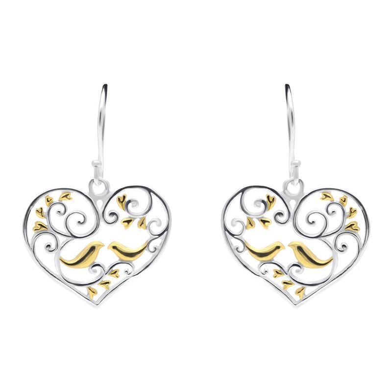 Yellow Gold Sterling Silver Plated Bird and Vine Open Heart Hook Earrings - Option1 Value Yellow Gold