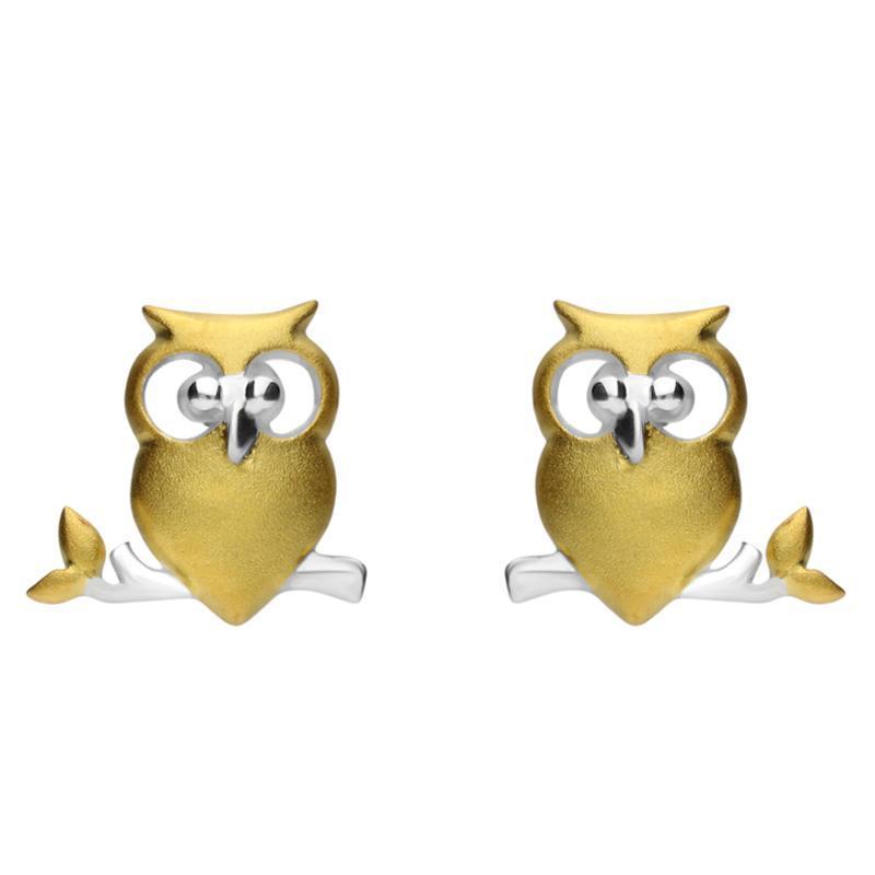 Yellow Gold Sterling Silver Plated Owl on a Branch Stud Earrings - Option1 Value Yellow Gold