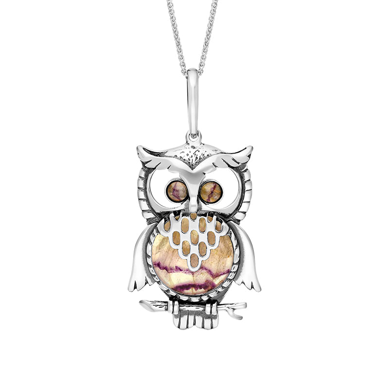 Sterling Silver Blue John Large Owl Necklace - Silver