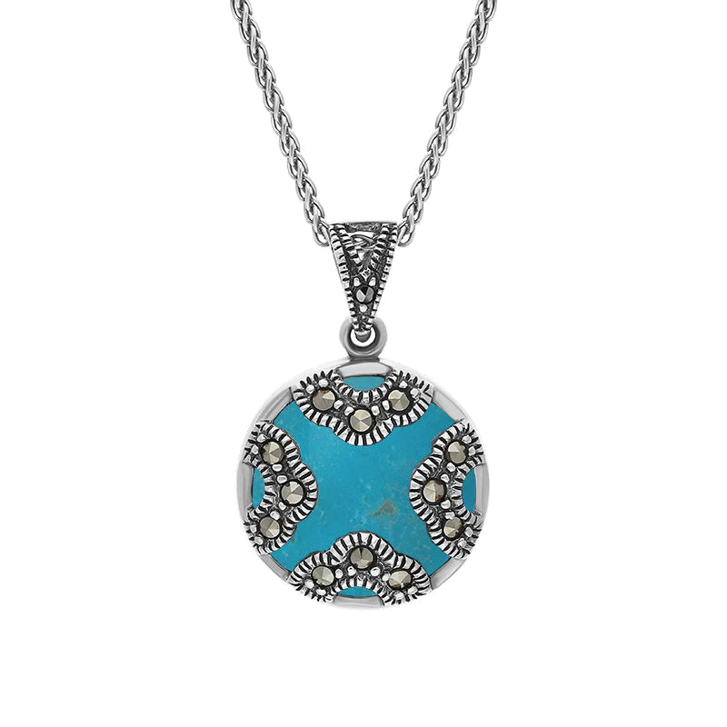 Sterling Silver Turquoise Marcasite Round Four Arc Necklace - Silver