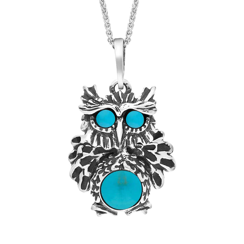 Sterling Silver Turquoise Moving Head Owl Necklace - Silver