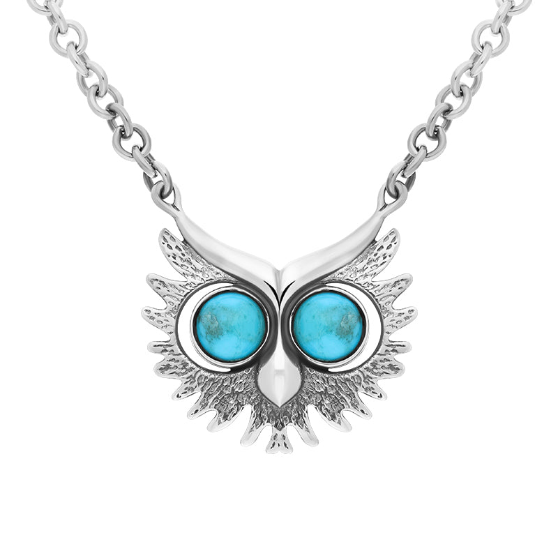 Sterling Silver Turquoise Owls Face Necklace - Silver
