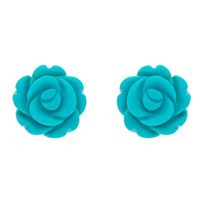 Sterling Silver Turquoise Tuberose 8mm Rose Stud Earrings - Silver