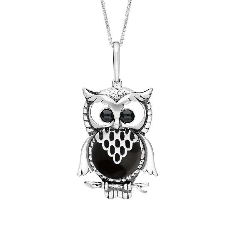 Sterling Silver Whitby Jet Large Owl Necklace - Silver