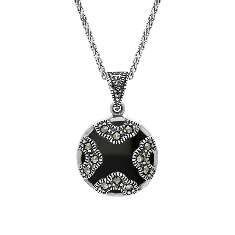 Sterling Silver Whitby Jet Marcasite Rounded Arc Necklace - Silver