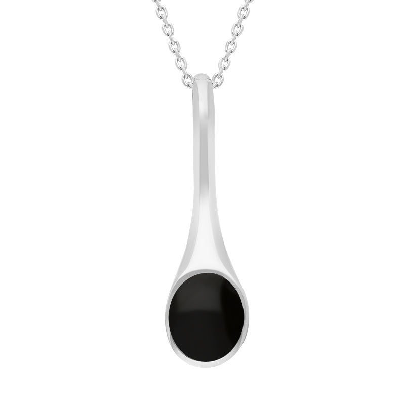 Sterling Silver Whitby Jet Oval Long Drop Necklace - Silver