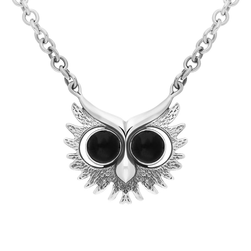 Sterling Silver Whitby Jet Owls Face Necklace - Silver